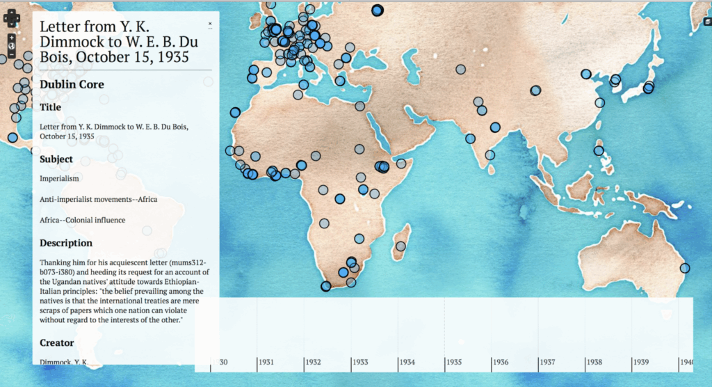 Screenshot of prototype of the map of Du Bois's correspondence with pins on locations from where letters were sent to W.E.B. Du Bois