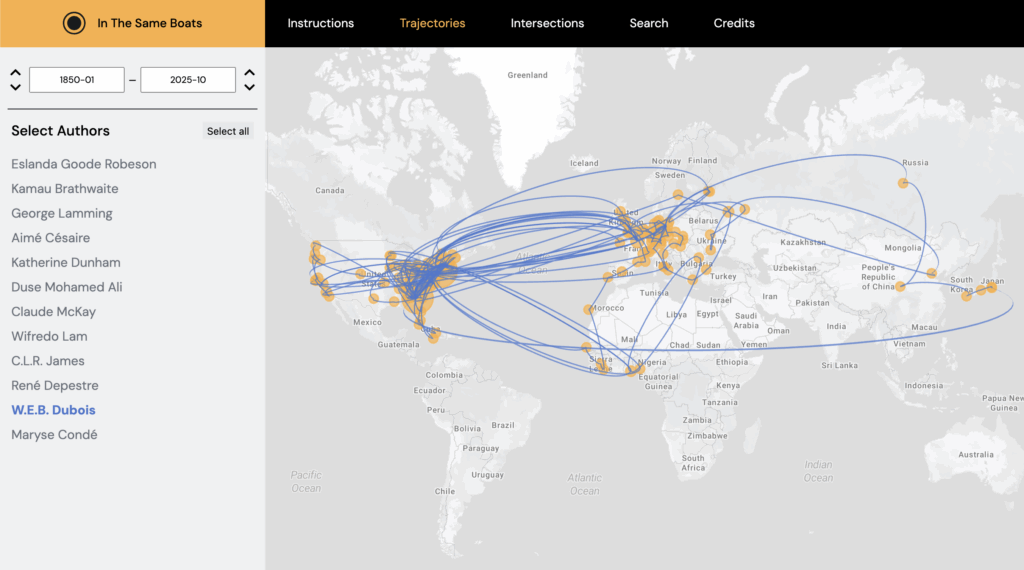 Screenshot of In the Same Boats, with pins on locations W.E.B. Du Bois traveled and lines between the pins