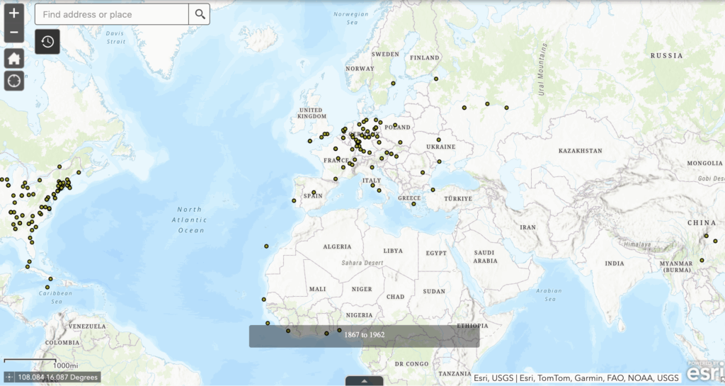 Screenshot of early version of the map of W.E.B. Du Bois's travels with pins
