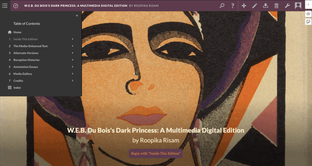 Screenshot of the in-progress edition of Dark Princess. It shows the original cover of Dark Princess, a drawing of a woman with a background of orange, white, pink, and black