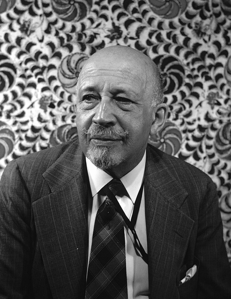 Carl Van Vechten's portrait of Du Bois, wearing a dark suit with white shirt and black tie against a background of an abstract leaf and flower pattern